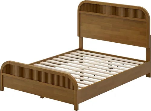 Vista 6 de Christopher Knight Home Base de cama de madera tamaño Queen con cabecero, cama de plataforma con acabado de roble, madera maciza y fabricada,