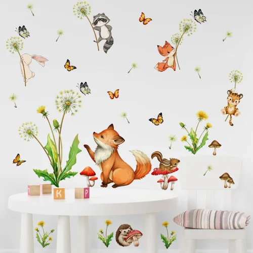 Vista 5 de Calcomanías de pared de dibujos animados con diseño de mariposas y animales para bebé, calcomanías de pared de plantas de diente de león, hojas