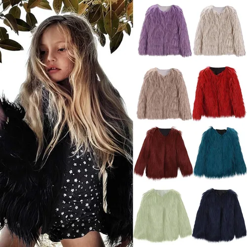 Vista 3 de Chaqueta para bebés y niñas pequeñas, color sólido, cuello en V, manga larga, cárdigan de piel sintética, elegante, grueso, otoño e invierno