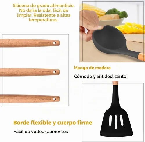 Vista 2 de Juego de 3 utensilios de cocina de silicona, espátula/espátula, cucharas con mango de madera, resistentes al calor, utensilios de cocina