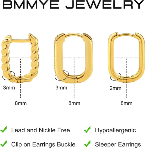 Vista 4 de BMMYE Aretes de aro pequeños cuadrados dorados y plateados, delicados juegos de aretes cuadrados y rectangulares para múltiples piercings, aretes