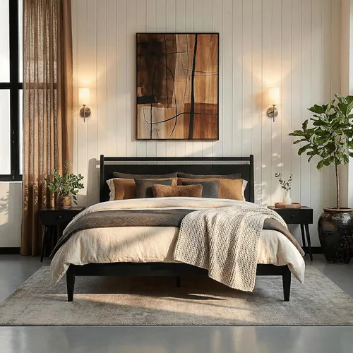 Vista 12 de NTC Adept Marco de cama de madera con cabecero, base de madera de roble macizo y caucho con listones silenciosos y soportes centrales de madera