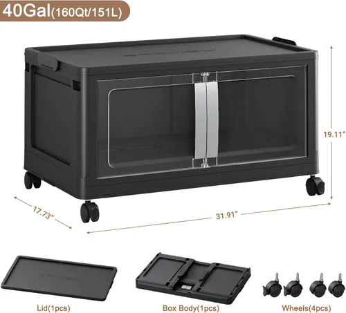 Vista 2 de BROVIEW Contenedores de almacenamiento apilables de 160 cuartos de galón con tapas, caja de almacenamiento plegable extragrande de 40 galones