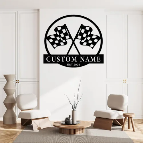 Vista 4 de Letrero de metal personalizado con bandera de carreras a cuadros, arte de pared de metal personalizado, letrero de nombre con monograma de bandera a