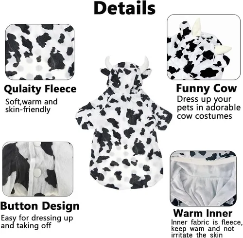 Vista 3 de FLAdorepet Disfraz de vaca para perro de Halloween para perro pequeño, mediano y grande, chaqueta de forro polar de invierno, abrigo con capucha