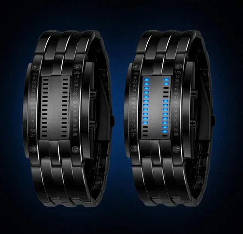 Vista 5 de FANMIS Reloj de pulsera rectangular de cuarzo de acero inoxidable con LED binario para hombre