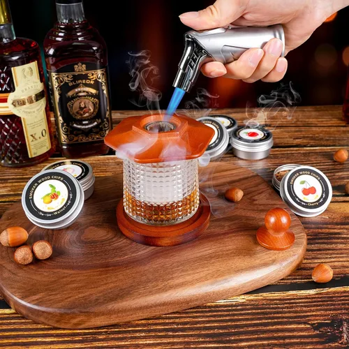 Vista 2 de Kit de ahumador de whisky con antorcha - chips de madera de 6 sabores, 2 vasos de whisky giratorios, 2 moldes de bolas de hielo - kit infusor