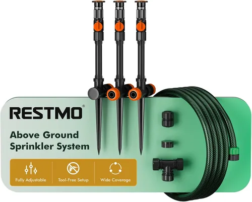 Vista 10 de RESTMO Sistema de riego flexible con base de pico de metal, kit de riego sobre el suelo, juego de rociadores de césped multiajustables, ideal