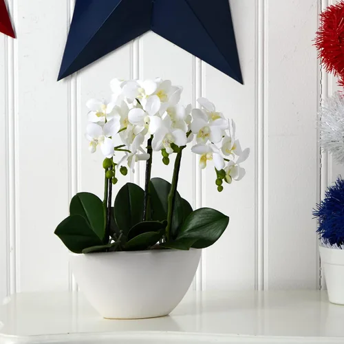 Vista 3 de Nearly Natural 4804 15in. Arreglo de flores de seda de phalaenopsis, blanco, 14.5 "x 11" x 4.5