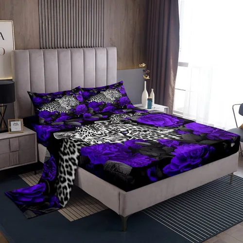 Vista 35 de Erosebridal Sábanas de cama de guepardo con rosa roja, juego de sábanas de bolsillo profundo con estampado de leopardo y gato, sábana bajera