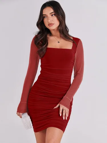 Vista 2 de ANRABESS Vestido corto de malla con cuello cuadrado y manga larga para mujer, sexy, fruncido, entallado, para fiesta, club, cóctel, vestido corto