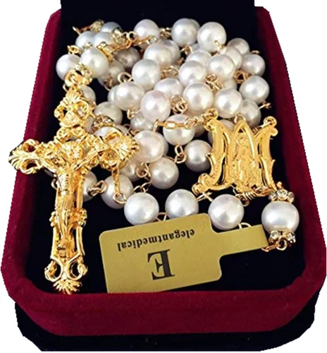 Vista 2 de elegantmedical Collar de perlas de perlas reales de brillo católico hecho a mano de 0.315 in, rosario de 5 décadas y caja de crucifijo en cruz