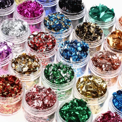 Vista 2 de Copos dorados para resina, 30 colores metálicos, lámina para manualidades con pinzas para arte de resina, arte de uñas, joyas y fabricación de velas