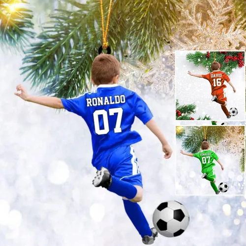 Vista 19 de Adorno de fútbol personalizado, adorno de Navidad de jugador de fútbol personalizado con nombre y número, regalo deportivo único para hombres