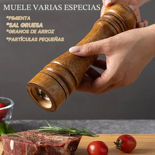 Vista 3 de Molinillo de pimienta de madera de 10 pulgadas de grosor ajustable, molino de pimienta de madera o molino de sal con rotor de cerámica ajustable