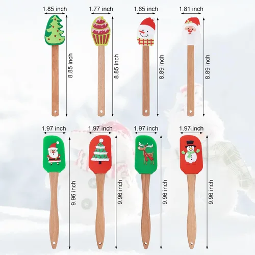 Vista 2 de 8 espátulas de silicona de Navidad para pastel de Navidad con mango de madera, muñecos de nieve, árbol de Navidad, patrón de Papá Noel, decoración
