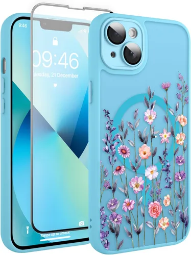 Vista 191 de Magnético para iPhone 13 con protector de pantalla [Compatible con MagSafe] Diseño de patrón floral de flores bonitas, funda delgada a prueba