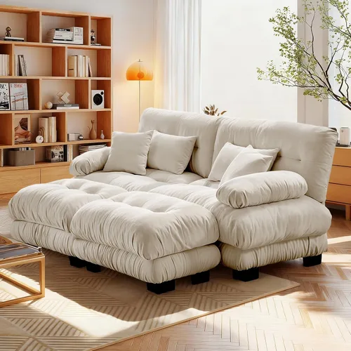 Vista 55 de Reposapiés Otomano Tapizado de Terciopelo con Cojín para Sofá Seccional Sofá 300 libras para Sala de Estar (Beige)