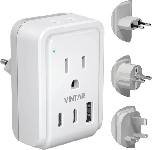 Vista 11 de VINTAR - Kit de adaptador de viaje universal, adaptador de enchufe internacional con 3 puertos USB (2 USB C, 3.4 A) y 2 salidas americanas, tipo A