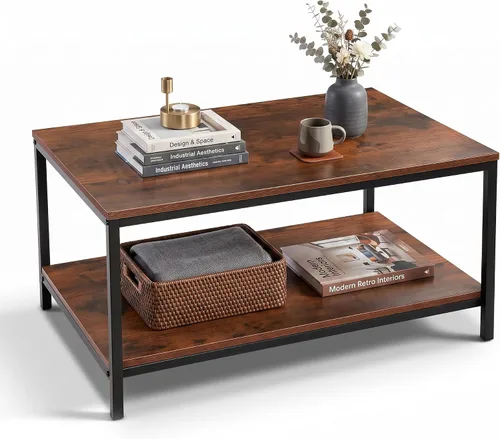 Vista 10 de SUPER DEAL - Mesa de café industrial de 2 niveles con estante de almacenamiento para apartamento pequeño, sala de estar, mesa auxiliar rectangular