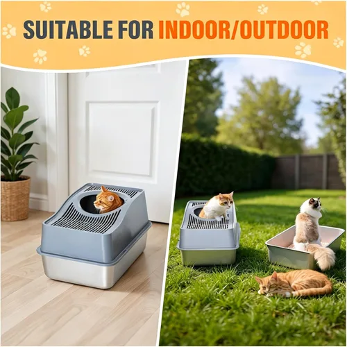 Vista 6 de Caja de arena para gatos de entrada superior con tapa, caja de arena cerrada de acero inoxidable para gatos, caja de arena de metal grande con carga