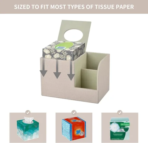 Vista 4 de Funda de caja de pañuelos de cuero PU cuadrada, Soporte de caja de pañuelos multifuncional, Caja de pañuelos con almacenamiento, Soporte de pañuelos