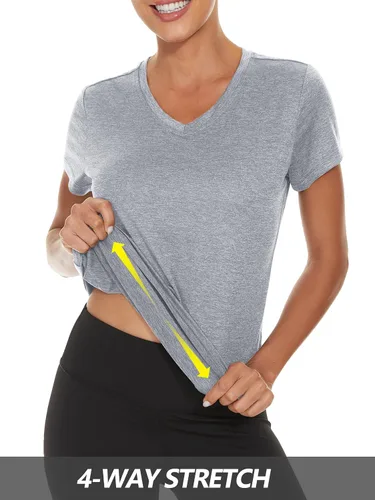 Vista 6 de MAGCOMSEN Camiseta de manga corta con cuello en V para mujer, absorbe la humedad, camiseta de entrenamiento atlético, ropa deportiva, tops de yoga
