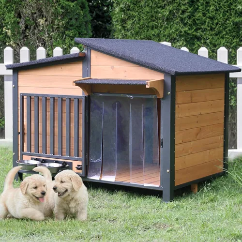 Vista 5 de Casa para Perros Exterior Perrera para Perros con Marco de Metal a Prueba de Masticación, Cuenco Giratorio para Alimentos, Cortina de Puerta de PVC