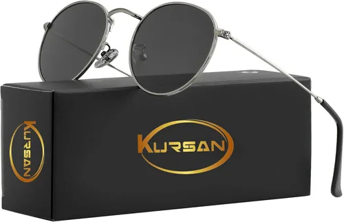 Vista 3 de Kursan Gafas de sol polarizadas de metal redondas pequeñas para hombres y mujeres, lentes espejadas, gafas de sol clásicas circulares