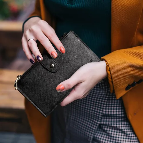 Vista 3 de Travelambo Billetera para mujer con bloqueo RFID plegable para múltiples tarjetas con bolsillo con cremallera, Negro -, Minimalista
