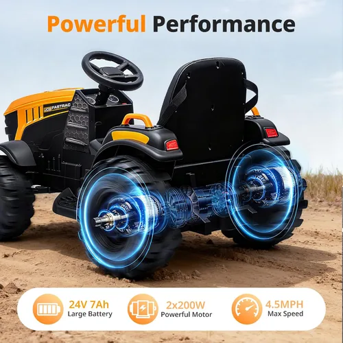 Vista 4 de Juguetes de paseo JCB con licencia de 24 V, tractor eléctrico para niños grandes 3-8 con remolque Amarillo