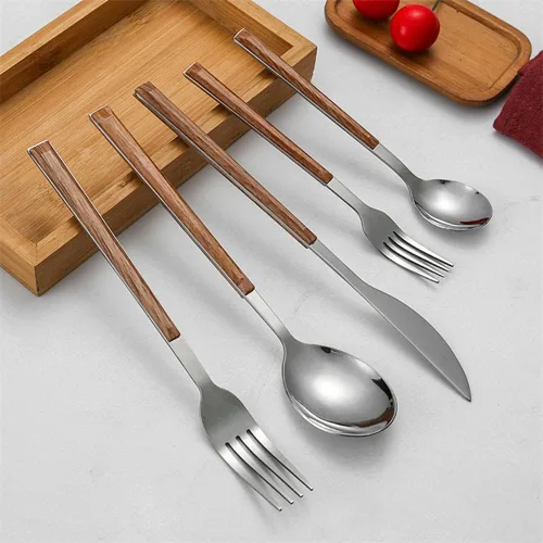 Vista 4 de Juego de cubiertos de madera para 6 cubiertos de acero inoxidable, mango de grano de madera, juego de cubiertos de 30 piezas, incluye cuchillos