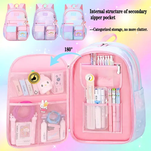 Vista 4 de Jcobvig Mochila de arcoíris para niñas y niños, linda mochila escolar para estudiantes con bolsa para bolígrafos, bolsa de viaje para portátil