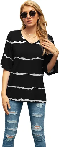 Vista 5 de SUEANI - Camiseta de cuello en V para mujer, diseño holgado con manga 34 acampanada