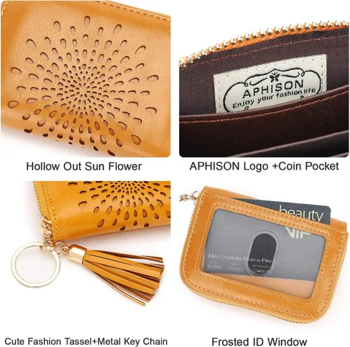 Vista 4 de APHISON RFID - Porta tarjeta de crédito con cremallera carteras pequeñas para mujer en cuero estilo girasol para mujer y niña caja de regalo 1927