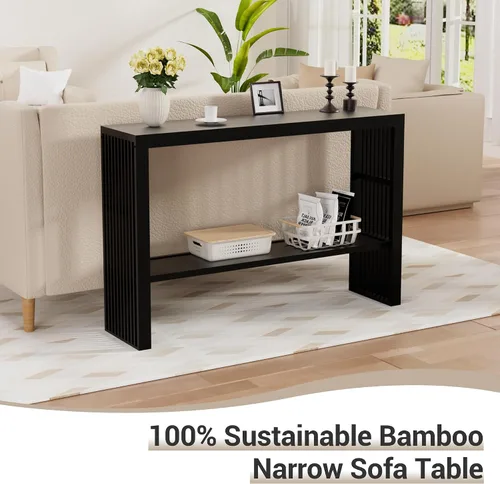 Vista 3 de Mesa de consola de madera de bambú 47.2" Mesa de entrada, mesa de sofá estrecha de granja de 2 niveles con estante de almacenamiento, mesa de sofá