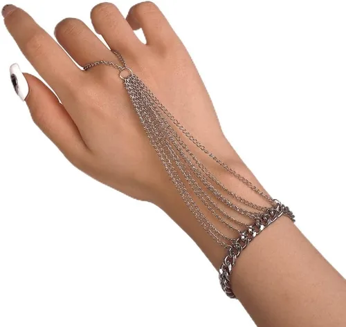 Vista 2 de Pulsera de anillo de cadena de mano esclava, pulsera de anillo de dedo de cadena bohemia con borlas para mujeres y niñas