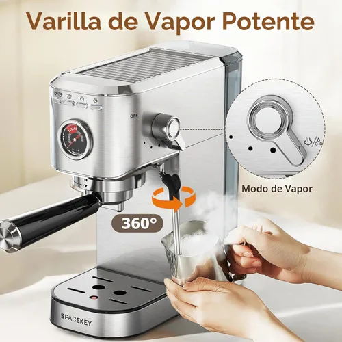 Vista 5 de Spacekey Máquina de café expreso de 20 barras, cafetera profesional de 1350 W con espumador de leche, cafetera compacta de acero inoxidable
