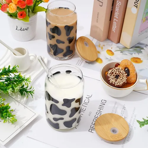 Vista 5 de Whaline Paquete de 2 vasos de bebida de vaca de 16 onzas con estampado de vaca, taza de café helado de vaca con tapas, cepillos de limpieza