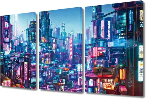 Vista 26 de Arte de pared de 3 piezas de escena de ciencia ficción de la calle comercial futurista paisaje urbano, decoración de pared para dormitorio