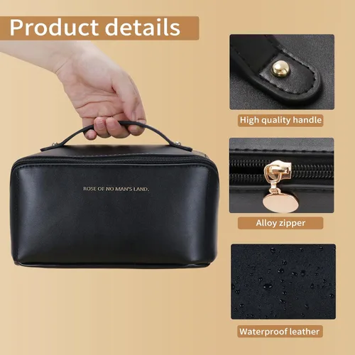 Vista 4 de 3 bolsas de maquillaje de viaje portátiles de gran capacidad para mujeres, estuche organizador de maquillaje plano abierto, bolsa organizadora