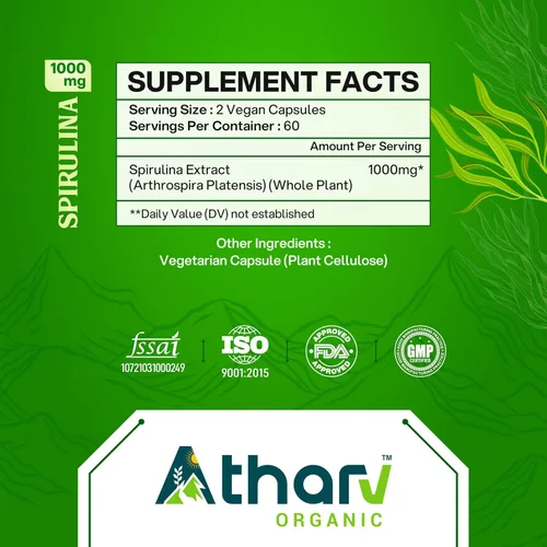 Vista 6 de Suplemento de espirulina de 1000 mg 120 cápsulas veganas Rico en nutrientes naturales Sin OMG y sin gluten Apoyo diario para el bienestar