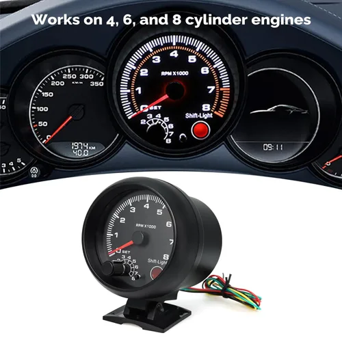 Vista 4 de Geevorks, tacómetros de reemplazo automotriz de 3.75'' 12V, 0-8000RPM luz azul, tacómetro de RPM para vehículos de gasolina de 1-8 cilindros, 1-2