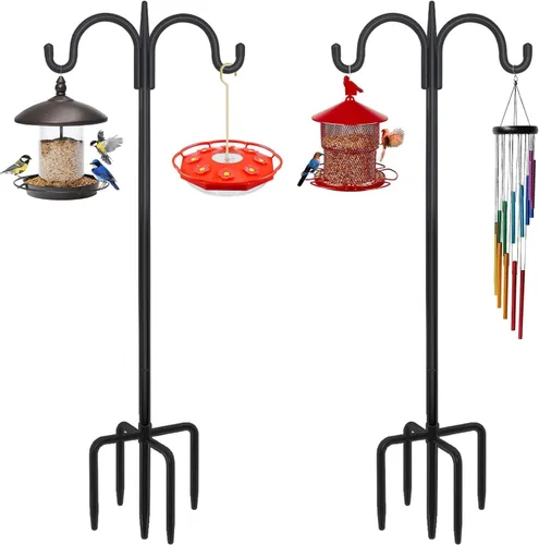 Vista 9 de FEED GARDEN Gancho de pastor doble ajustable para exteriores con base de 5 puntas de 63 pulgadas, poste resistente de comedero de pájaros de dos