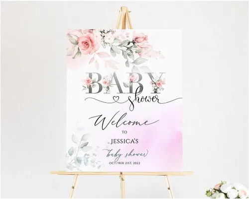 Vista 14 de Personalized Welcome Sign, Editable Baby in Floral Welcome Poster, Spring Flowers Baby Shower Decoration