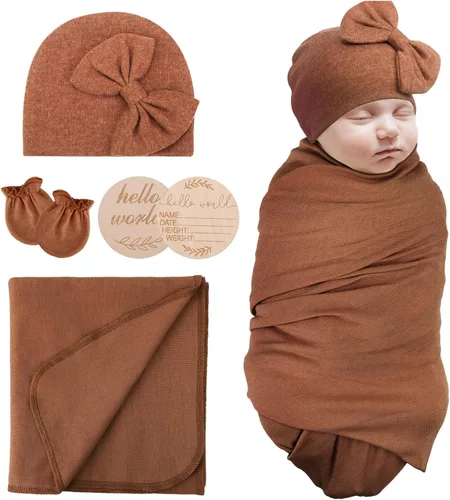 Vista 11 de AQOKKA Manta de Recepción para Recién Nacido con Gorro de Lazo Mitones Juego de Tarjetas de Madera para Recién Nacidos Niños Pequeños Bebé Niño Niña
