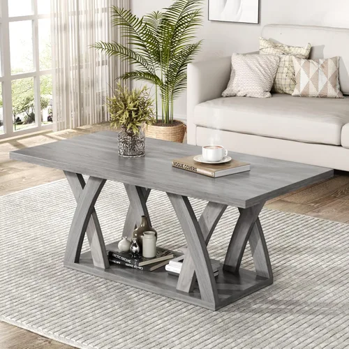 Vista 7 de FROMJBEST - Mesa de café de estilo rústico con estante, mesa de café moderna, mesa de café negra para sala de estar, mesas de sala de estar, 47" Gris