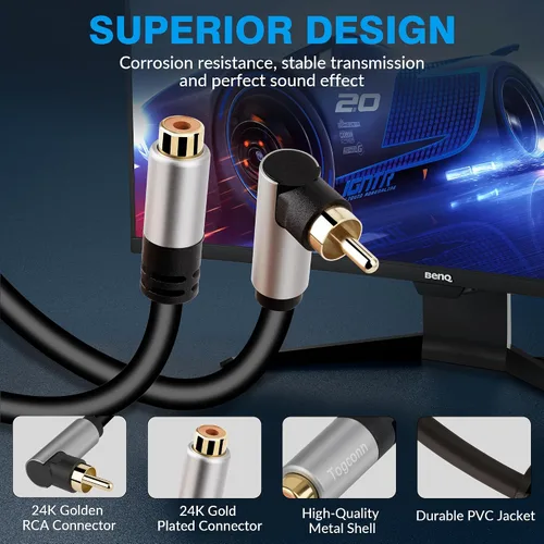 Vista 2 de Cable de extensión de audio RCA, cable RCA macho a hembra, cable de audio coaxial digital para cine en casa, HDTV, DVD, amplificadores, subwoofer