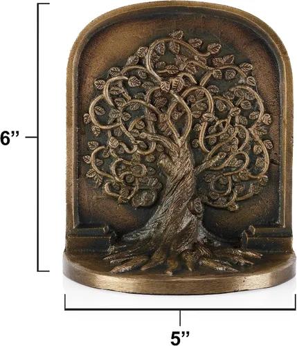 Vista 6 de CRAFTSMAN ROAD Sujetalibros del árbol de la vida, latón antiguo, 2 sujetalibros decorativos para estantes o estanterías, hierro fundido