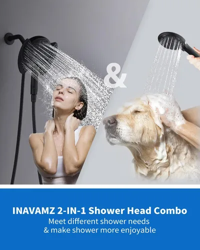 Vista 7 de Cabezal de ducha 2 en 1 con combo de mano de alta presión, color negro, 2.5 GPM 7.2" Rain Showerhead and 9 Spray Hand Held Shower, Adjustable